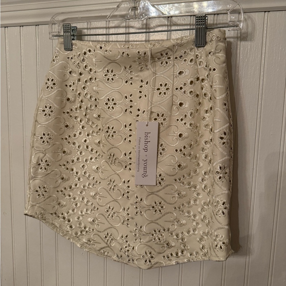 NWT Bishop + Young Eyelet faux leather small mini skirt